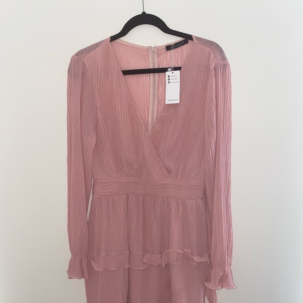 Pink chiffon V neck ruffle mini dress
